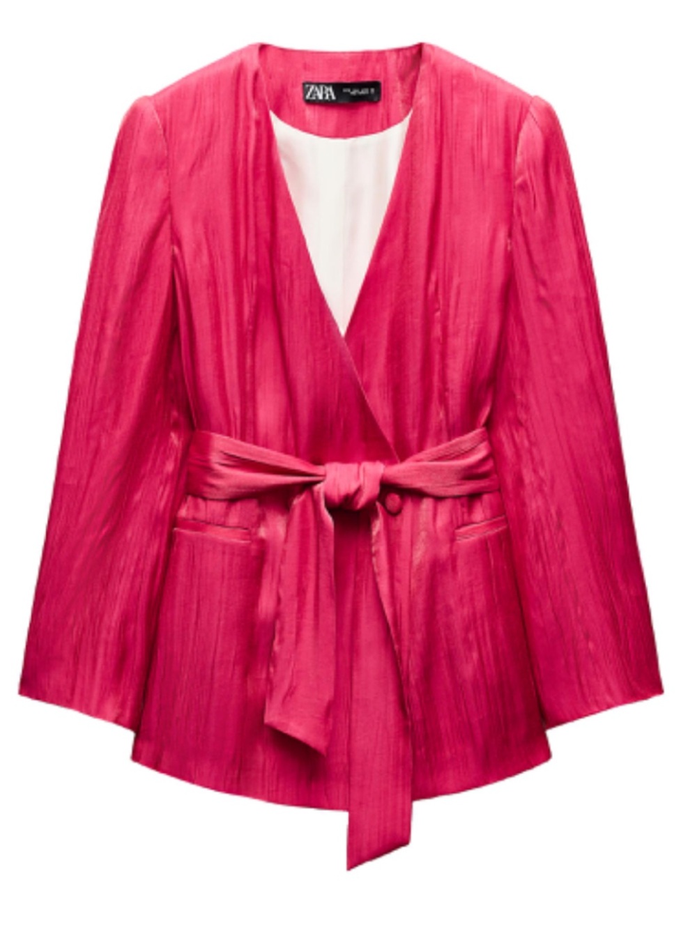 Zara Hot Pink Raspberry Shiny Shimmery Blazer Jacket Double Breasted Belt NWT